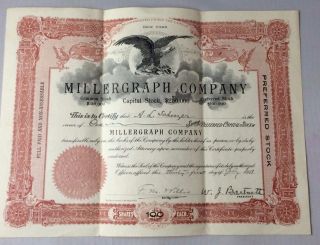 Millergraph Company 1911 Stock Certificate A.  L.  Scherzer 100 Shares photo