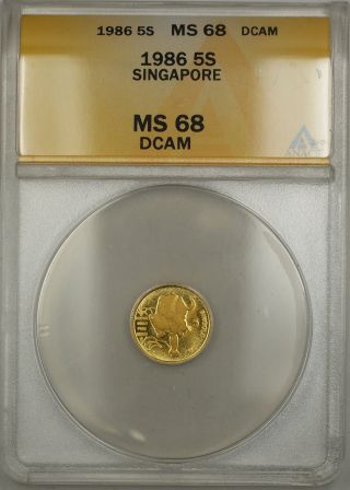 1986 Singapore 5 Singold Gold Coin Anacs Ms - 68 Dcam photo
