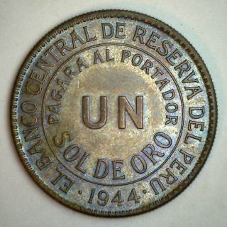 1944 Bronze Peru 1 Un Sol Coin Unc photo