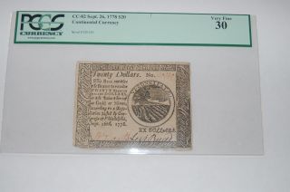 Continental.  $20 Note.  Sept.  26,  1778.  Cc - 82.  Pcgs 30.  Very Fine photo