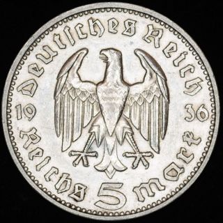 Ww2 German 5 Mark Silver Coin 1936 J Third Reich Hindenburg No Swastika Nazi Sk photo