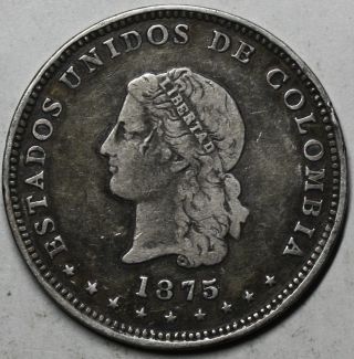 1875/4 Colombia Silver 5 Decimos (50 Centavos) Scarce Medellin Coin Km153.  4 photo