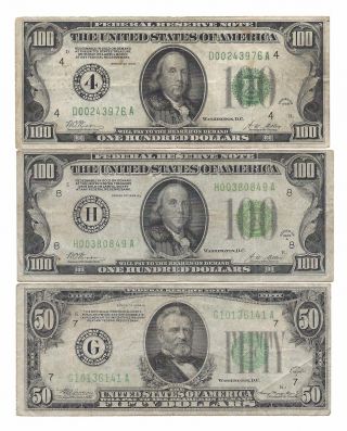 $250 Fv 1928a - 4 $100 Frn,  1928a - H $100 Frn,  Both Gold Reedem,  1934a - G Frn $50 photo
