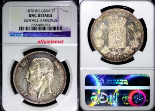 Belgium Leopold Ii Silver 1870 5 Francs Ngc Unc Details Luster Km 24 photo