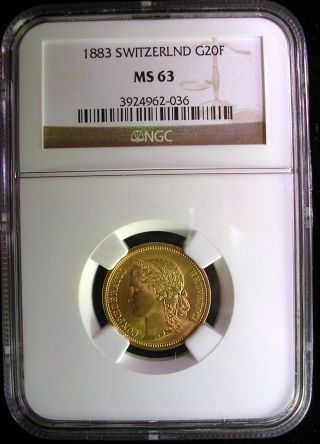Switzerland 1883 Gold 20 Francs Ngc Ms - 63 First Year Of Issue Rare 1 Year Type photo