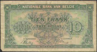 Belgium 1944 Government In Exile 10 Franc Circulated Banknote P122. photo