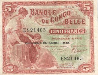 Belgian Congo 5 Francs 1942 Xf,  P - 13 photo