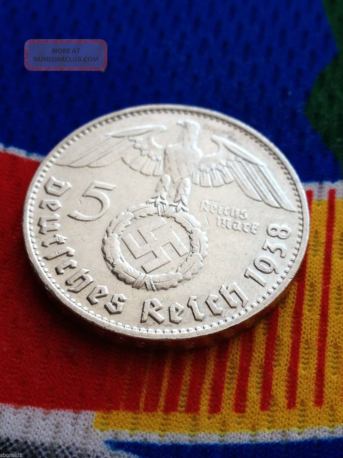 5 Mark German Silver Coin Ww2 1938 D Third Reich Swastika Reichsmark Error Germany photo