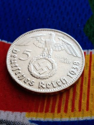 5 Mark German Silver Coin Ww2 1938 D Third Reich Swastika Reichsmark Error photo
