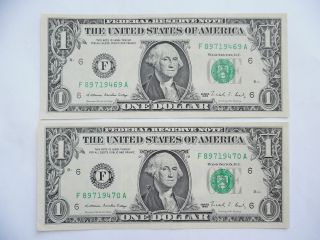 Coinhunters - 1988,  2 Consecutive Serial No.  $1 Federal Reserve Note,  Uncirculated photo