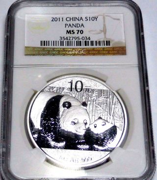 2011 Ngc Ms70 Silver China Panda 1 Oz.  Brown Label - 10y -.  999 Pure Silver photo