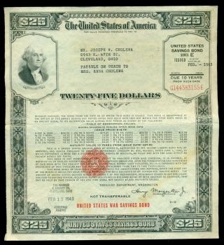 1943 Us 25 Dollars $25 E Series Wwii War Savings Bond Washington Cleveland Ohio photo