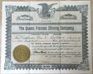 Queen Frances Mining Co Stock Certificate 1908 Cert No 36 Common Shares Colorado photo