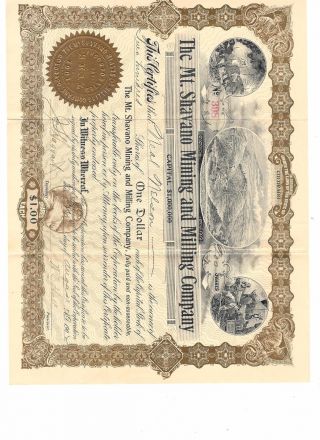 Vintage 1901 Mt.  Shavano Mining & Milling Company Stock Certificate,  200 Shares photo