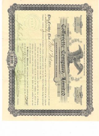 Vintage Coffayette Company,  Limited Stock Certificate,  20 Shares,  $100 Each photo