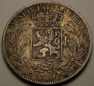 Belgium 5 Francs 1870 - Silver - Leopold Ii.  - Vf 1616 photo
