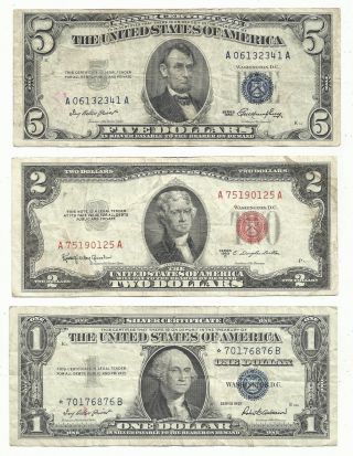 1953 $5 Blue 1953c $2 Red Seal & 1957 $1 Silver Certificate Star Crisp Vf photo