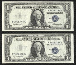 1935e $1 Blue Silver Certificate 2 Consec Crisp Uncirculated Old Us Currency photo