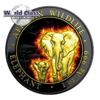 2015 Burning Elephant Black Ruthenium 1 Oz Silver Coin 100 Shillings Somalia photo