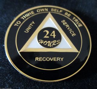 24 Hours Aa Alcoholics Anonymous Anniversary Painted Black Pearl Gold Medallion photo