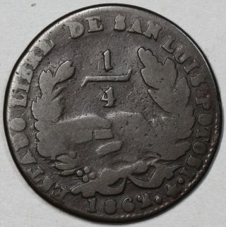 1862 San Luis Potosi Copper 1/4 Real (scarce Mexico 1st Republic State Coin) photo