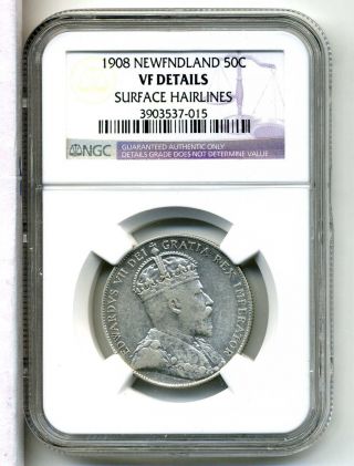 Newfoundland 50 Cents 1908, .  925 Silver,  Ngc Vf Details photo