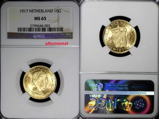 Netherlands Wilhelmina I Gold 1917 10 Gulden Ngc Ms65 6.  7290g Km 149 photo