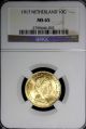 Netherlands Wilhelmina I Gold 1917 10 Gulden Ngc Ms65 6.  7290g Km 149 Europe photo 1