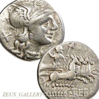 Roma / Jupiter Four Horse Chariot Trebania 1 Ancient Roman Silver Denarius Coin photo