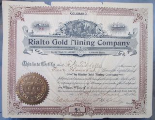 Antique Rialto Gold Mine Stock Certificate,  1896 photo
