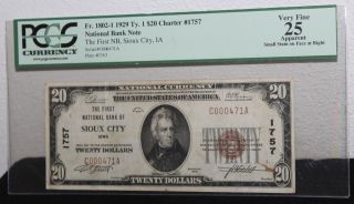 1929 $20 Charter 1757 National Bank Note First National Bank Sioux City Iowa Vf photo