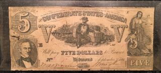 1861 Confederate States Of America $5 Five Dollar Bill Civil War Currency Note photo