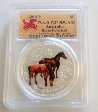 2014 1 Oz Silver Australian Lunar Horse Pcgs Pr70 Dcam Proof Color Perth Coin photo