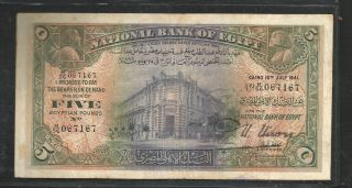 Egypt Banknote National Bank Of Egypt 5 Pounds Nixoni M/56 1941 Scarce photo