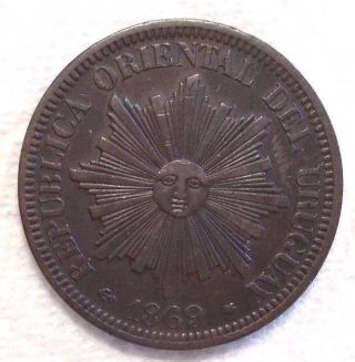 1869 A Uruguay 4 Centesimos Km 13 Bronze Coin photo