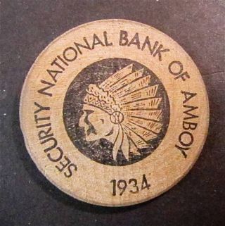 Vintage 1934 Wooden Nickel Security National Bank Of Amboy Indian Head Buffalo photo