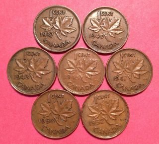 1937,  40,  43,  45,  47ml,  50 &52 Canada Cents King George Vl No Tax Copper Pennies photo