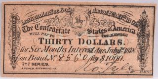 Civil War Confederate $1000 Bond C.  S.  Loan 1864 $30 Coupon Richmond Va 8550 photo