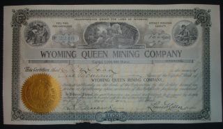 1904 Wyoming Queen Mining Company Stock Certificate,  Jelm,  Wyoming photo