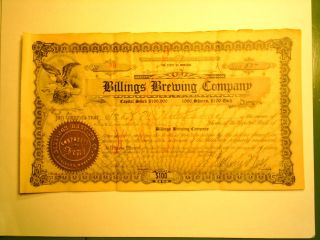 Antique 1915 Billings Brewing Stock Certificate (yellowstone,  Montana,  Beer) photo