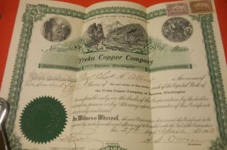 Rare Vintage 1902 Yreka Copper Company State Of Washington 250 Shares Stock photo