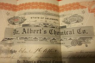 Rare Vintage 1912 Dr Alberts Chemical Company State Of Delaware 100 Shares photo