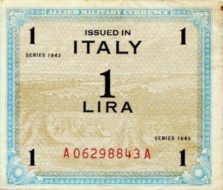Italy 1943 1 Lira Allied Military Currency photo