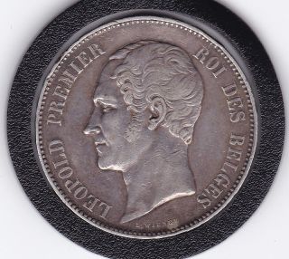 1865 Leopold Premier 5 Franc Silver Belgian Coin photo