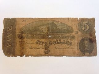 1864 Confederate States Of America $5 Five Dollar Bill Civil War Currency Note photo