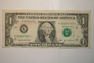 Series 2003a $1 Federal Reserve Star Note With Low Serial Number (k00004787) photo