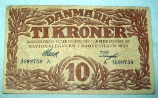 Denmark Danmark 10 Kroner Tikroner 1930 Banknote photo