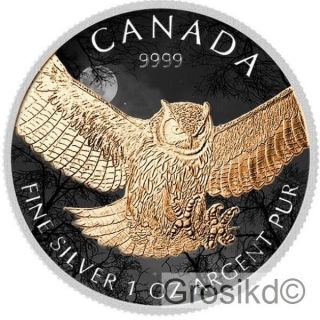 Canada 2015 $5 Great Horned Owl 1 Oz Silver Color Birds Of Prey Mintage 100 V2 photo