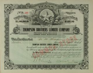 S968 Thompson Brothers Lumber Company Texas 1920s Stock Certificate Black photo