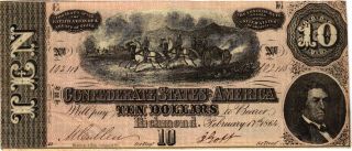 Authentic T68 Csa Note 1864 $10 Horses Pull Cannon photo